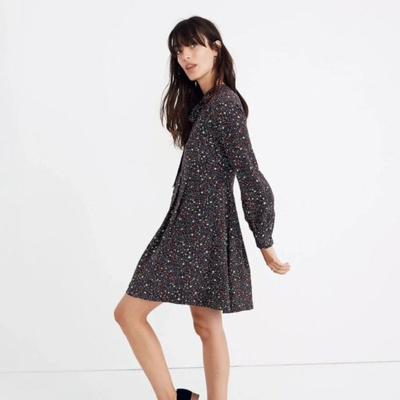 Madewell Balsam Tie-Neck Silk Dress in Starry Night - Picture 2 of 12